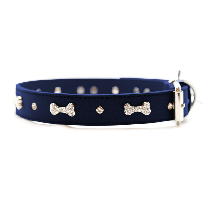 VP Pets Designer Diamond and Bone Leatherette Collar - Navy Blue - Vanderpump Pets