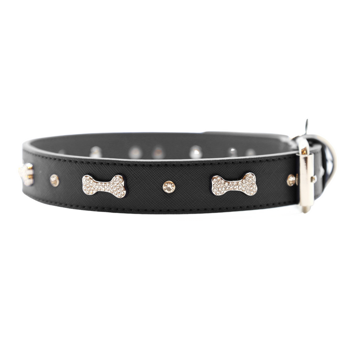VP Pets Designer Diamond and Bone Leatherette Collar - Black - Vanderpump Pets