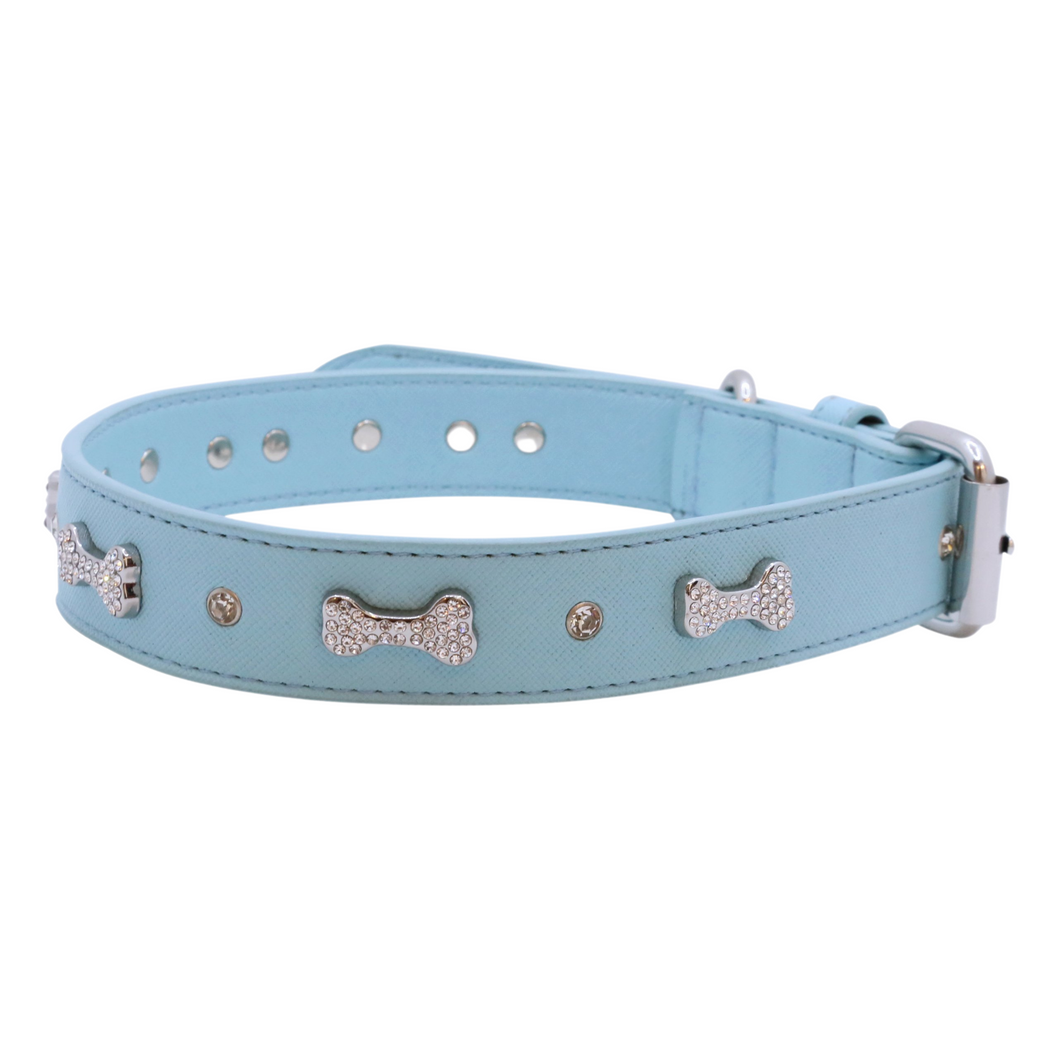 VP Pets Designer Diamond and Bone Leatherette Collar - Tiffany Blue - Vanderpump Pets