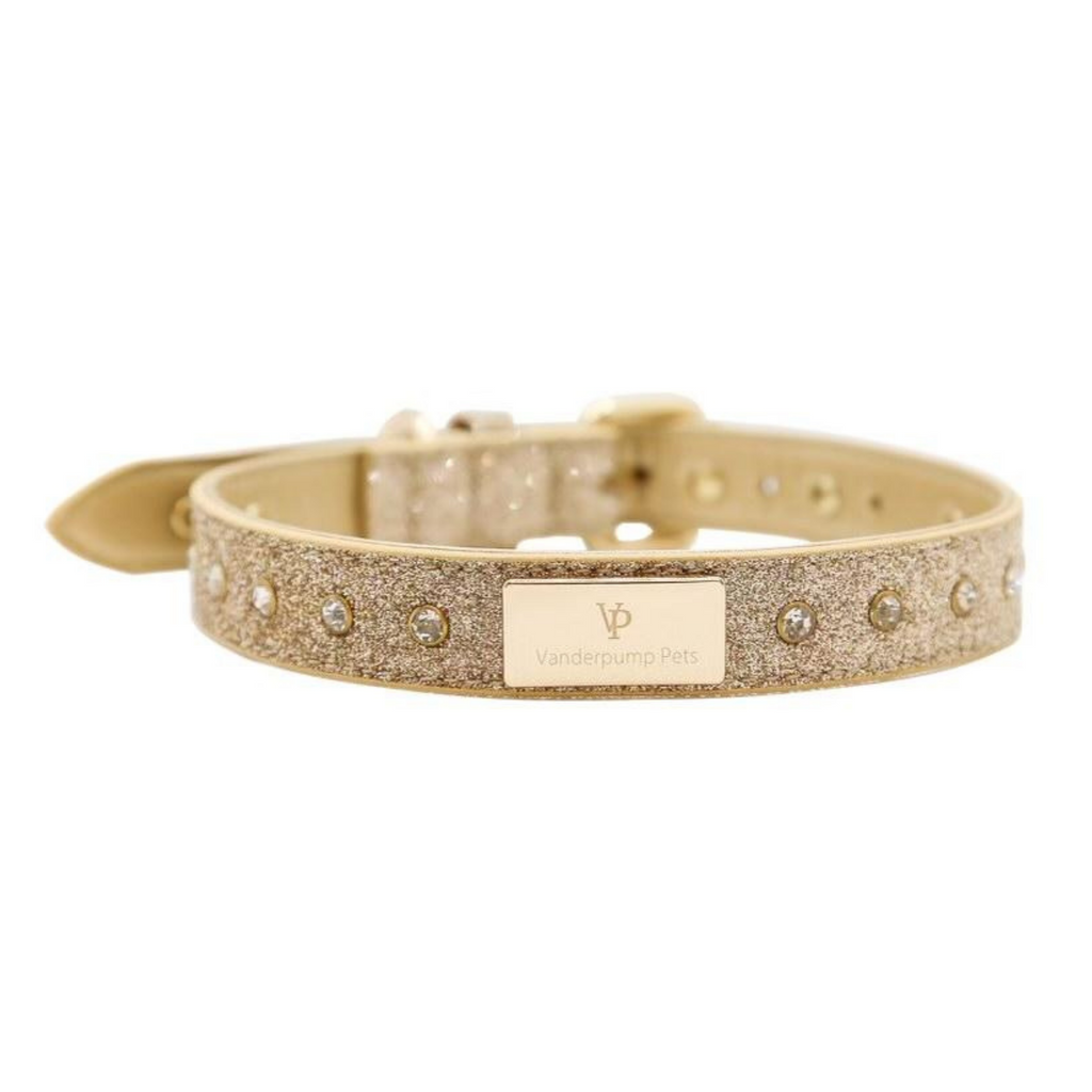 VP Pets Signature Diamond Name Plate Leatherette Collar – Gold - Vanderpump Pets